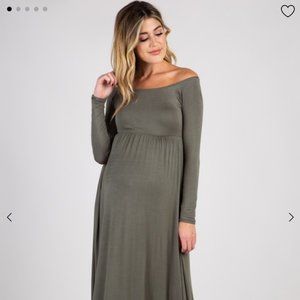 Olive Green Off the Shoulder Maxi, by PinkBlush